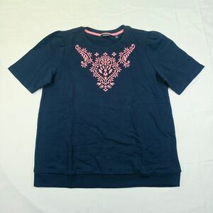 Studio Park Women's Size Medium Graphic Sweatshirt Navy Blue Short Sleeve New
